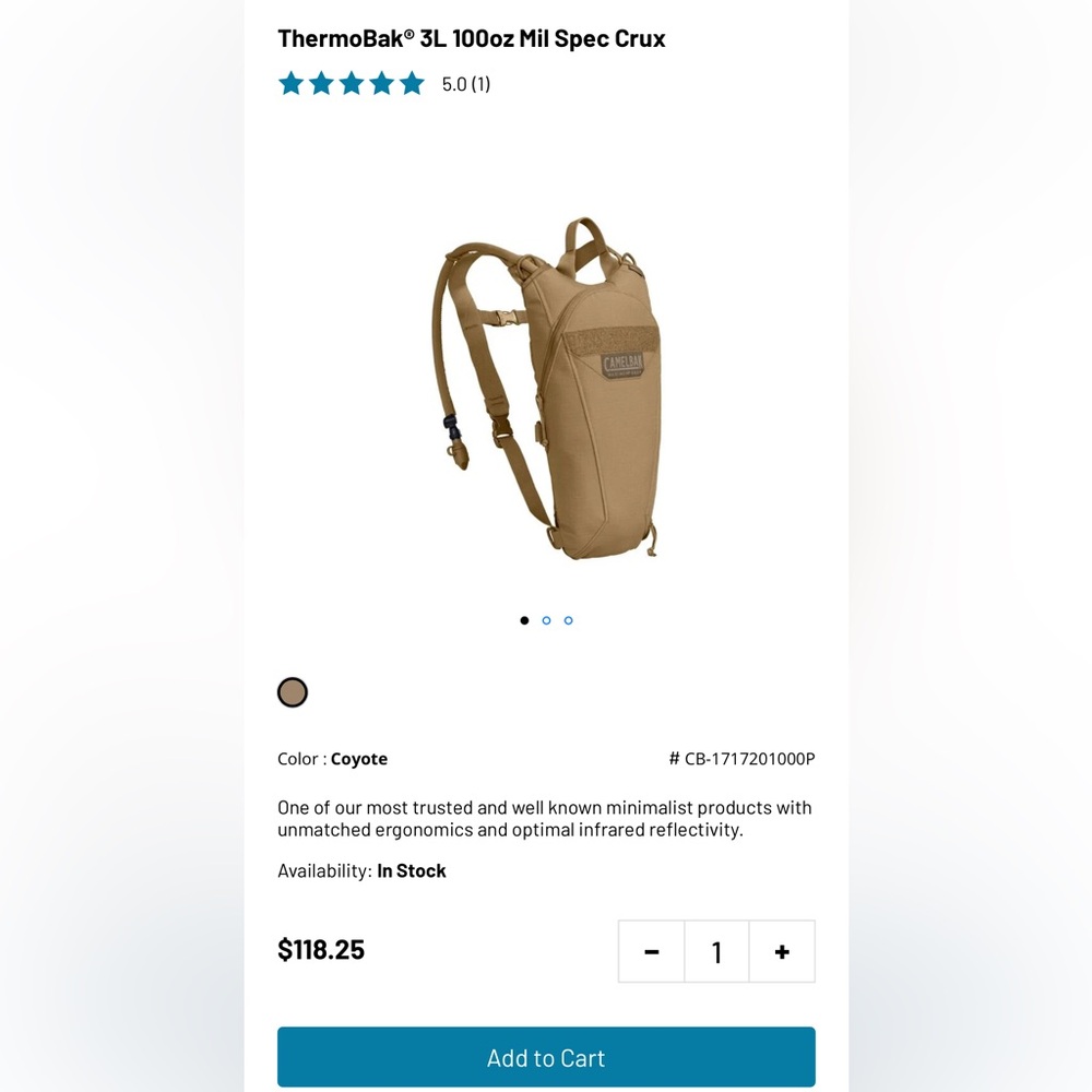 Camelbak Coyote Mil Spec Crux Thermobak Hydration Pack 3L 100oz